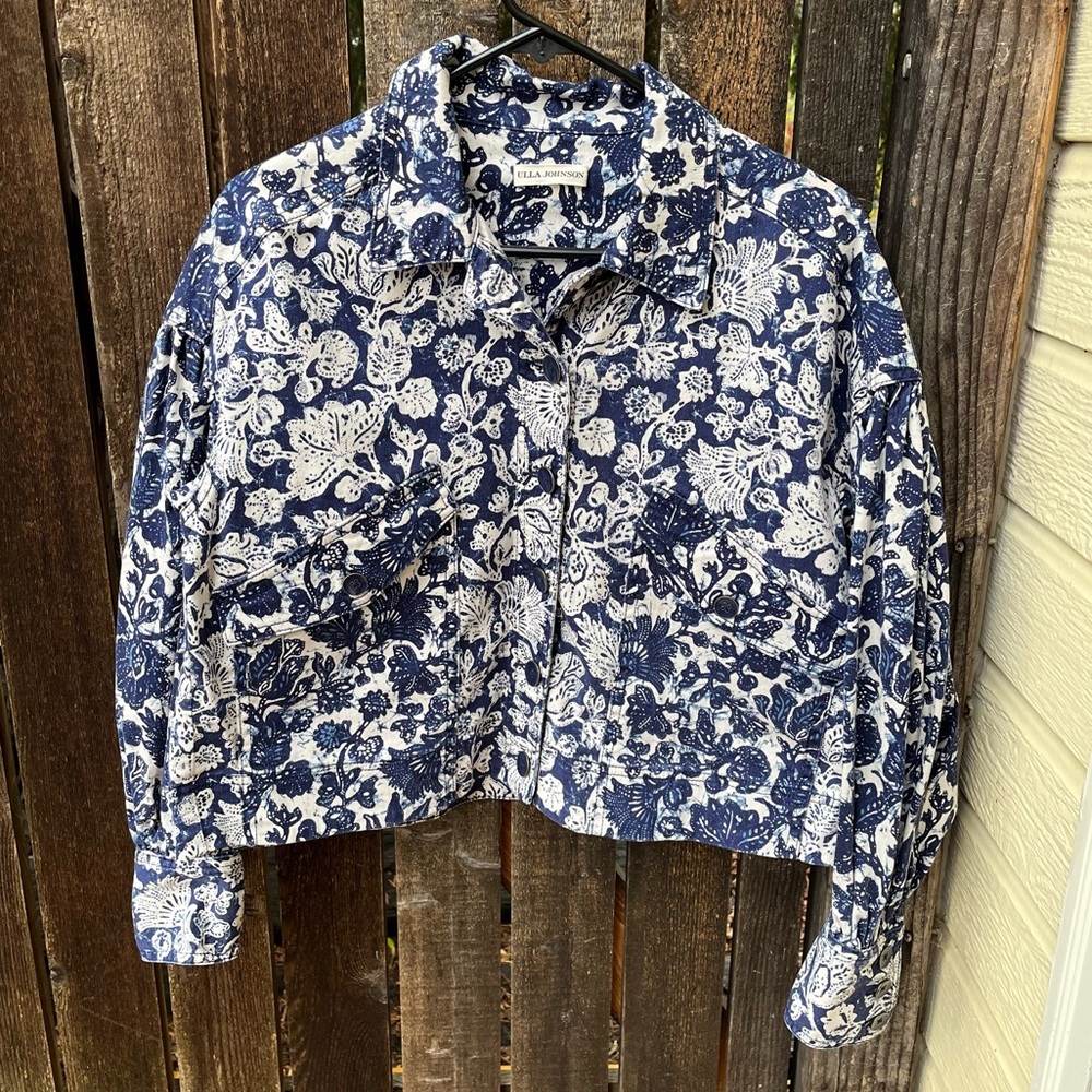 Ulla Johnson Griffin Floral Oversized Crop Denim Jacket In Navy & White Sz P/0